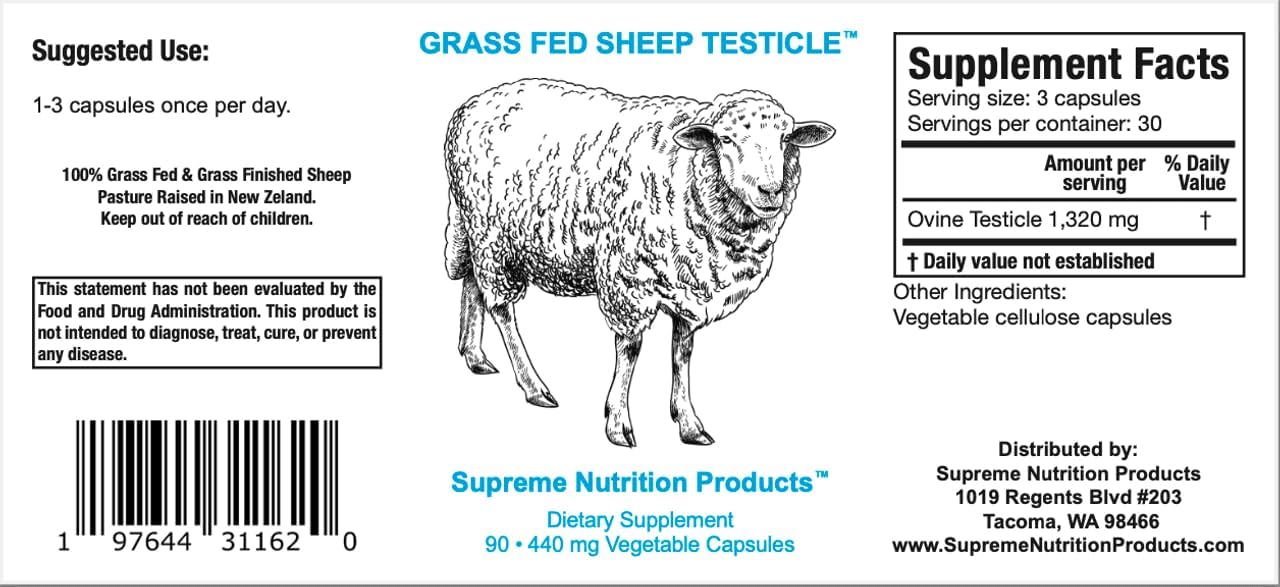 Supreme Nutrition Sheep Testicle - Testículo Ovino 100% Grass Fed, 90 Cápsulas