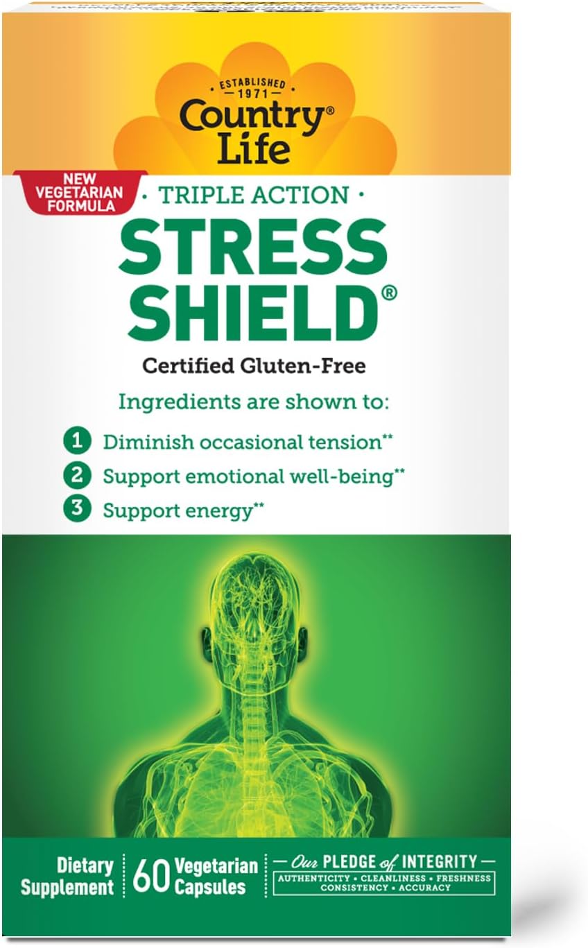 Country Life Stress Shield – Alivio del Estrés y Tensión con Ashwagandha y Vitaminas B, 60 Cápsulas