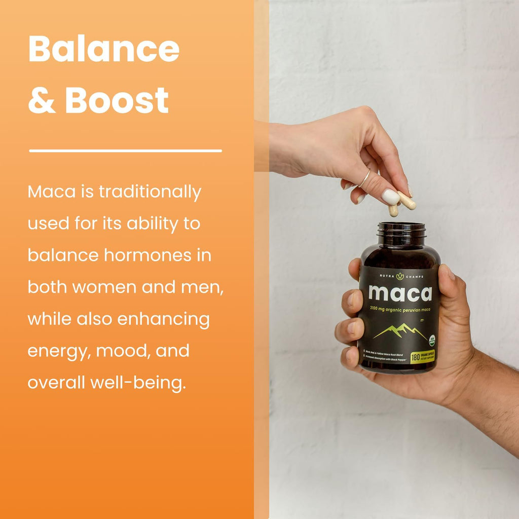 NutraChamps Maca Root Orgánica 2100mg, 180 Cápsulas, Mezcla de Maca Negra, Roja y Amarilla