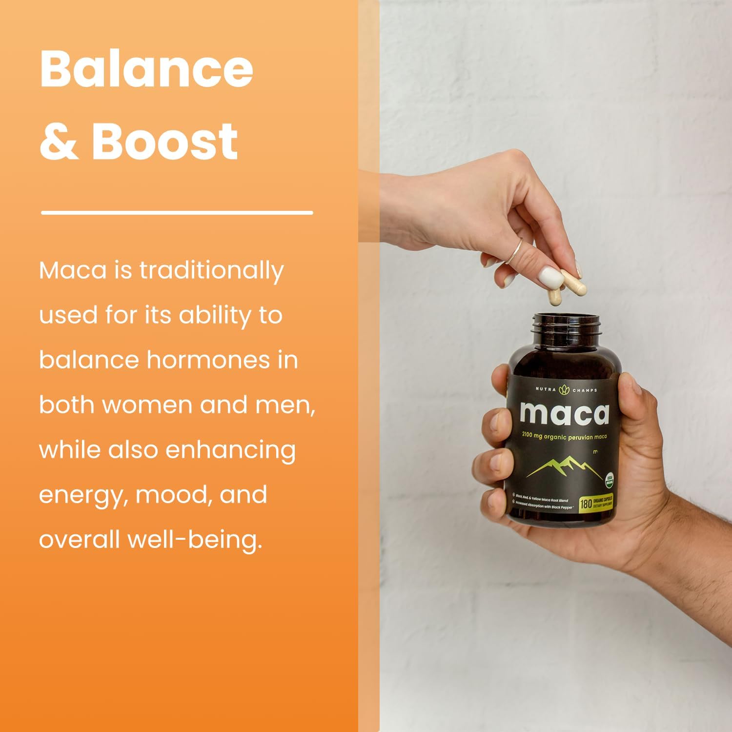 NutraChamps Maca Root Orgánica 2100mg, 180 Cápsulas, Mezcla de Maca Negra, Roja y Amarilla