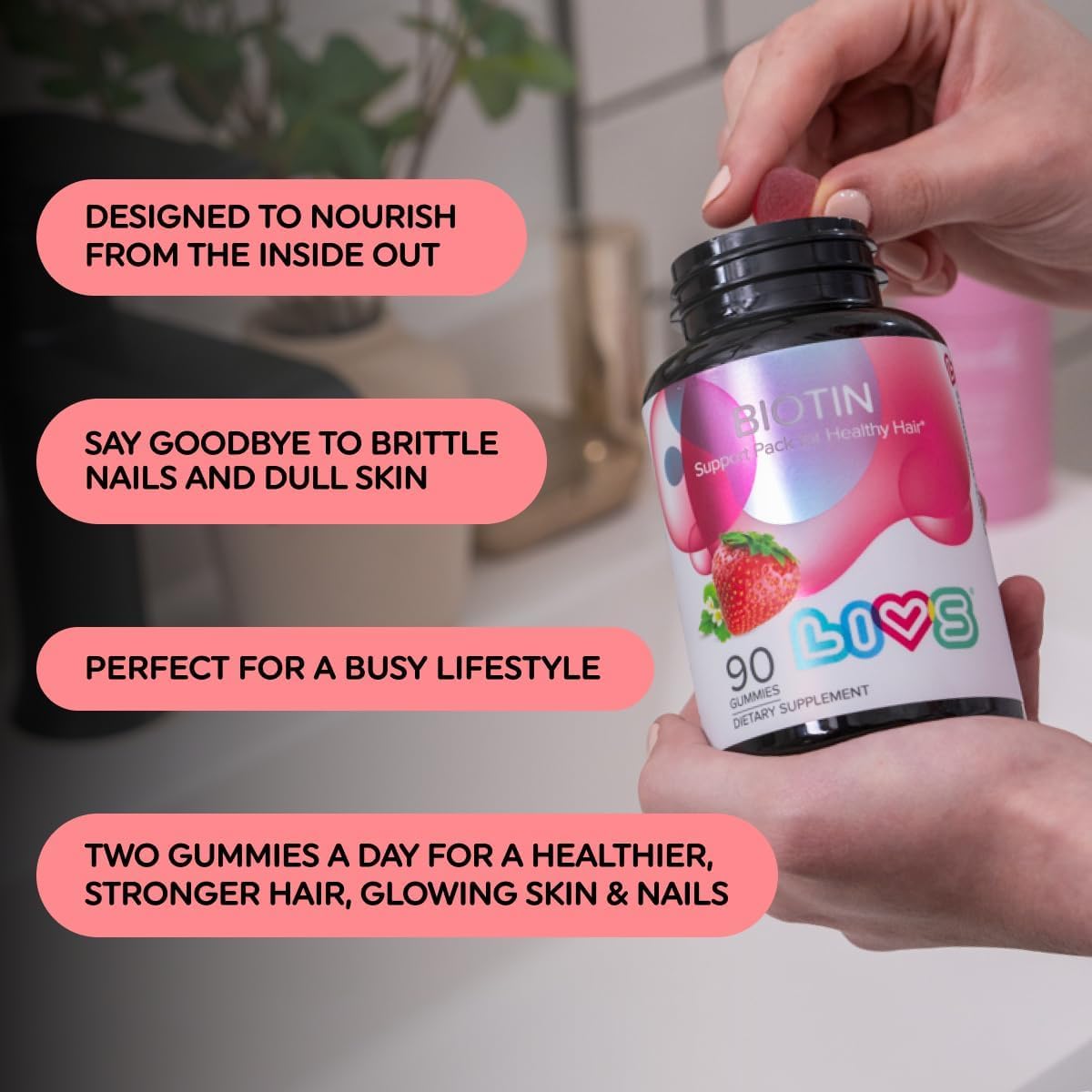 LIVS Biotin Gummies 10000 mcg - Gominolas de Biotina para Cabello, Piel y Uñas - Sabor Natural a Uva - Vegano, Sin Gluten - 90 Unidades