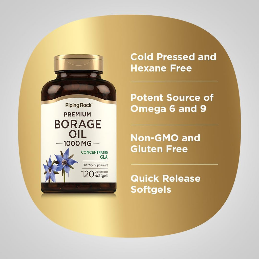 Piping Rock Aceite de Borraja 1000mg | 120 Cápsulas Blandas | Omega 3 6 9 | Prensado en Frío y Sin Hexano | No OGM, Sin Gluten