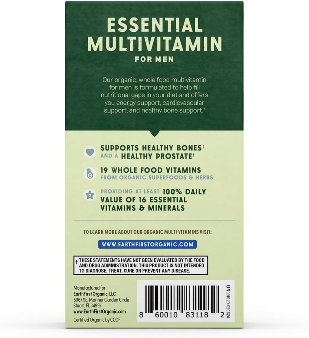 EarthFirst Organic Men’s Multi Once Daily - Multivitamínico Completo con 19 Vitaminas y Minerales, Vegano, No-GMO, 60 Comprimidos