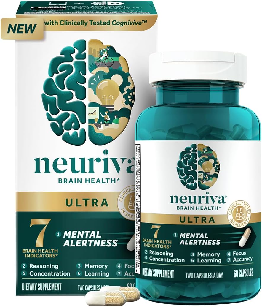 NEURIVA Ultra Decaf Suplemento Nootrópico para Memoria, Concentración y Enfoque, 60 Cápsulas (2 Paquetes)