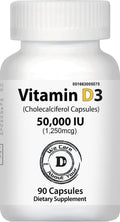 Vitamina D3 50.000 IU | 1250 mcg | Suplemento Semanal | Colecalciferol | No Transgénico | Fácil de Tragar | 90 Cápsulas Veganas
