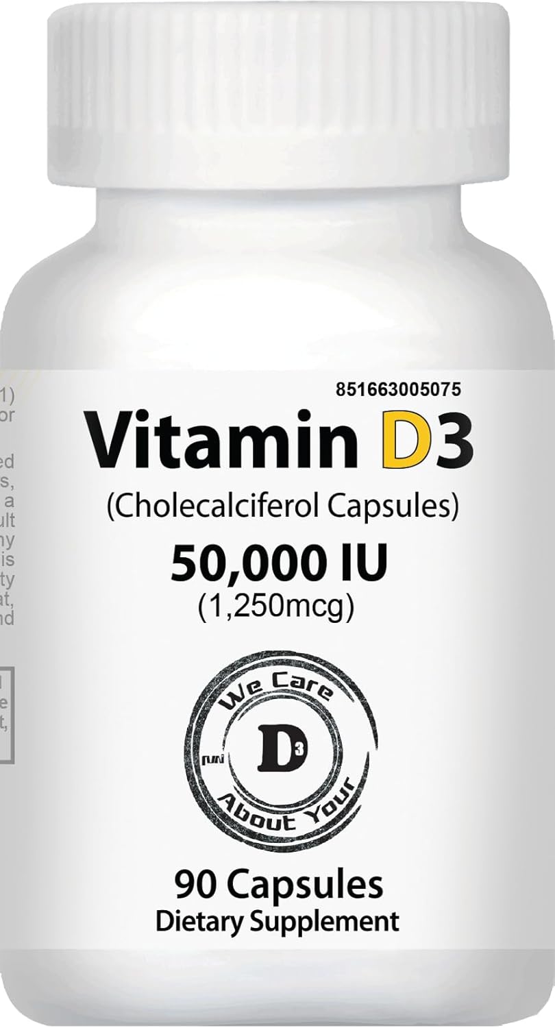Vitamina D3 50.000 IU | 1250 mcg | Suplemento Semanal | Colecalciferol | No Transgénico | Fácil de Tragar | 90 Cápsulas Veganas