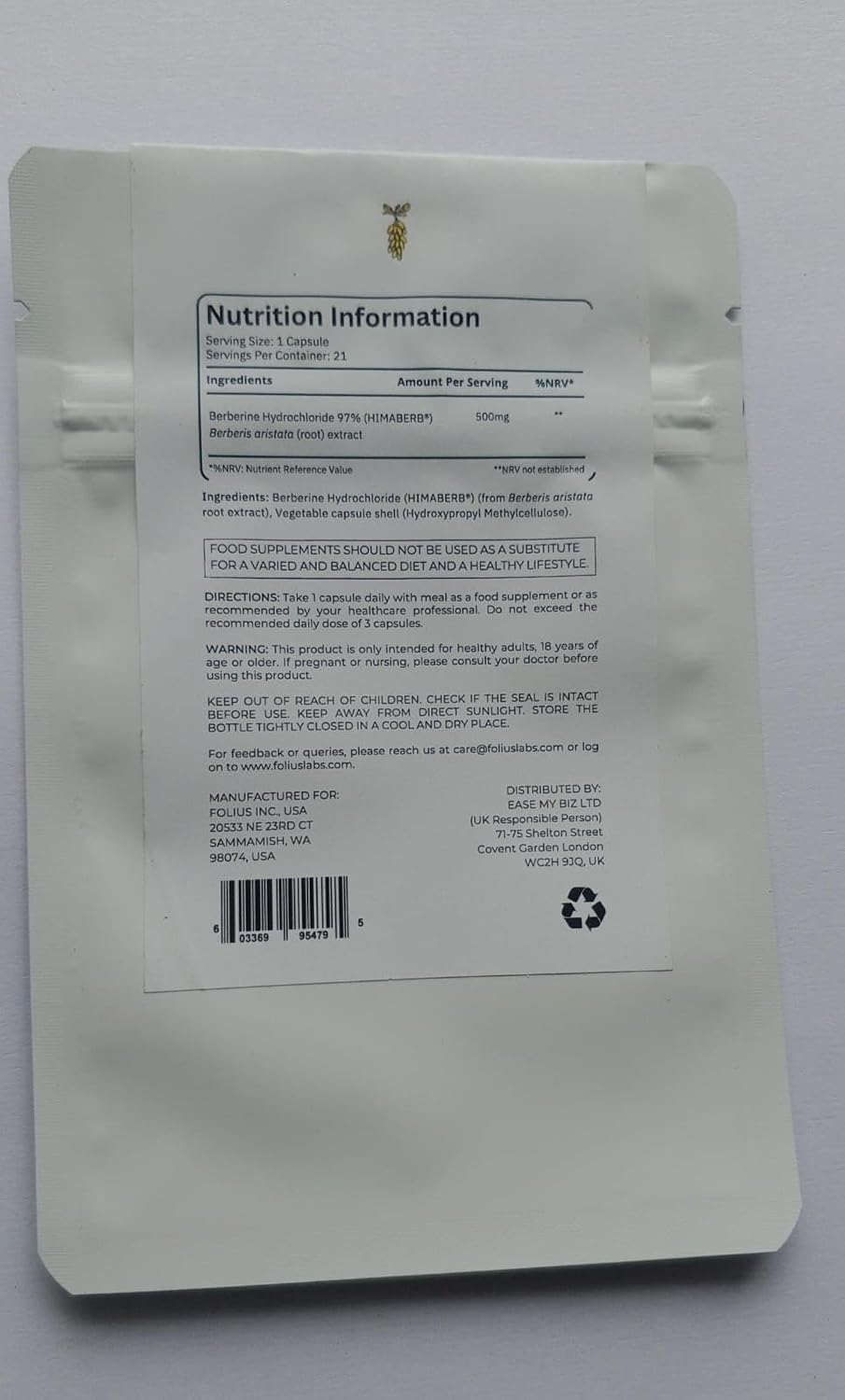 Berberina HCl 97% Pura 500mg - HIMABERB™ - 21 Cápsulas (Trial Pack)