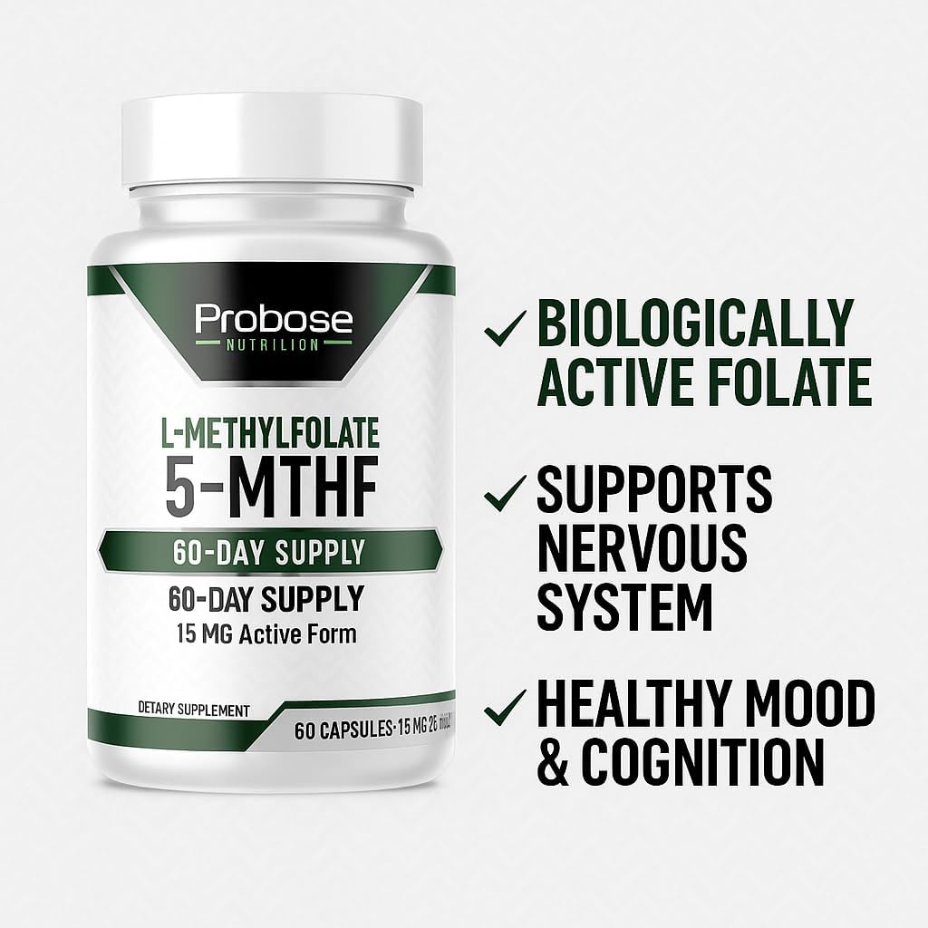 Probase Nutrition Professional Strength L-Methyl Folate 15mg - Active 5-MTHF Form - Supports Mood, Methylation, Cognition - Bioavailable Vitamin B9 (60 Capsules) - Vegan, Non-GMO, Gluten-Free