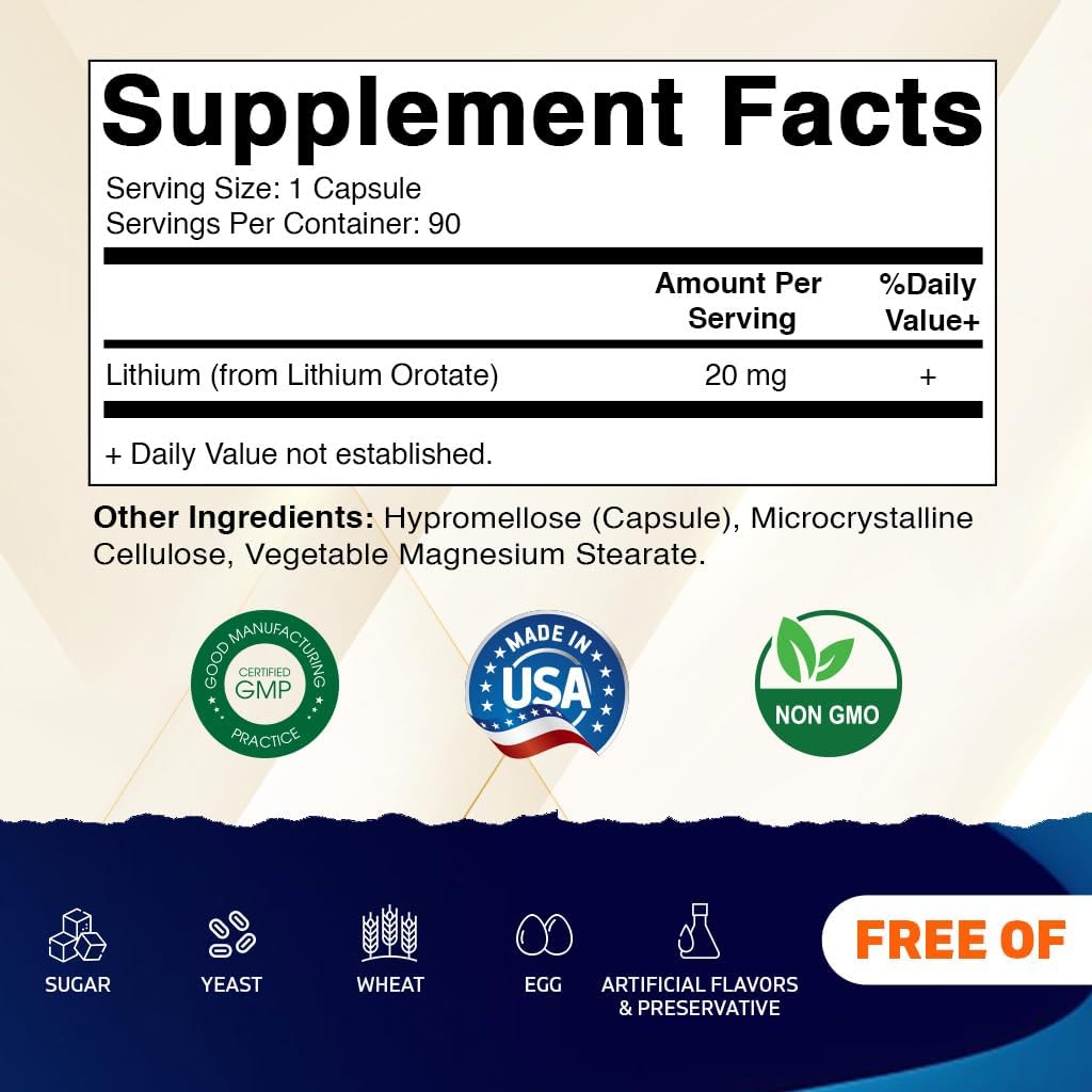 Vitamatic Orotato de Litio 20 mg, 90 Cápsulas - Veggie Caps, No Transgénico, Sin Gluten