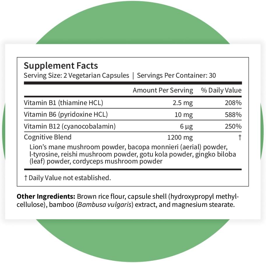 Pattern Wellness Complejo Cognitivo – Apoya la Salud Cerebral y la Claridad Mental – con Lion's Mane, Bacopa y Vitaminas B – 60 Cápsulas Vegetarianas