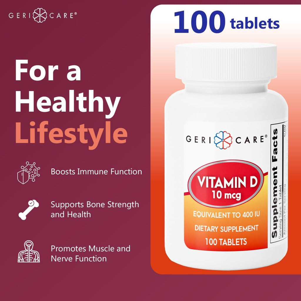 GeriCare Vitamina D-3 (10 mcg 400 UI) y Calcio (25 mg) - Complemento Alimenticio para Huesos, Músculos e Inmunidad - 100 Comprimidos