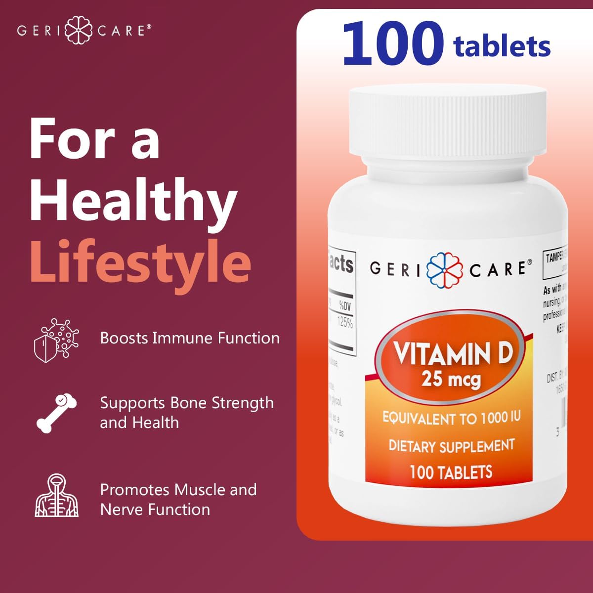 GeriCare Vitamina D 25 mcg (1000 UI) - 100 Comprimidos para Huesos e Inmunidad