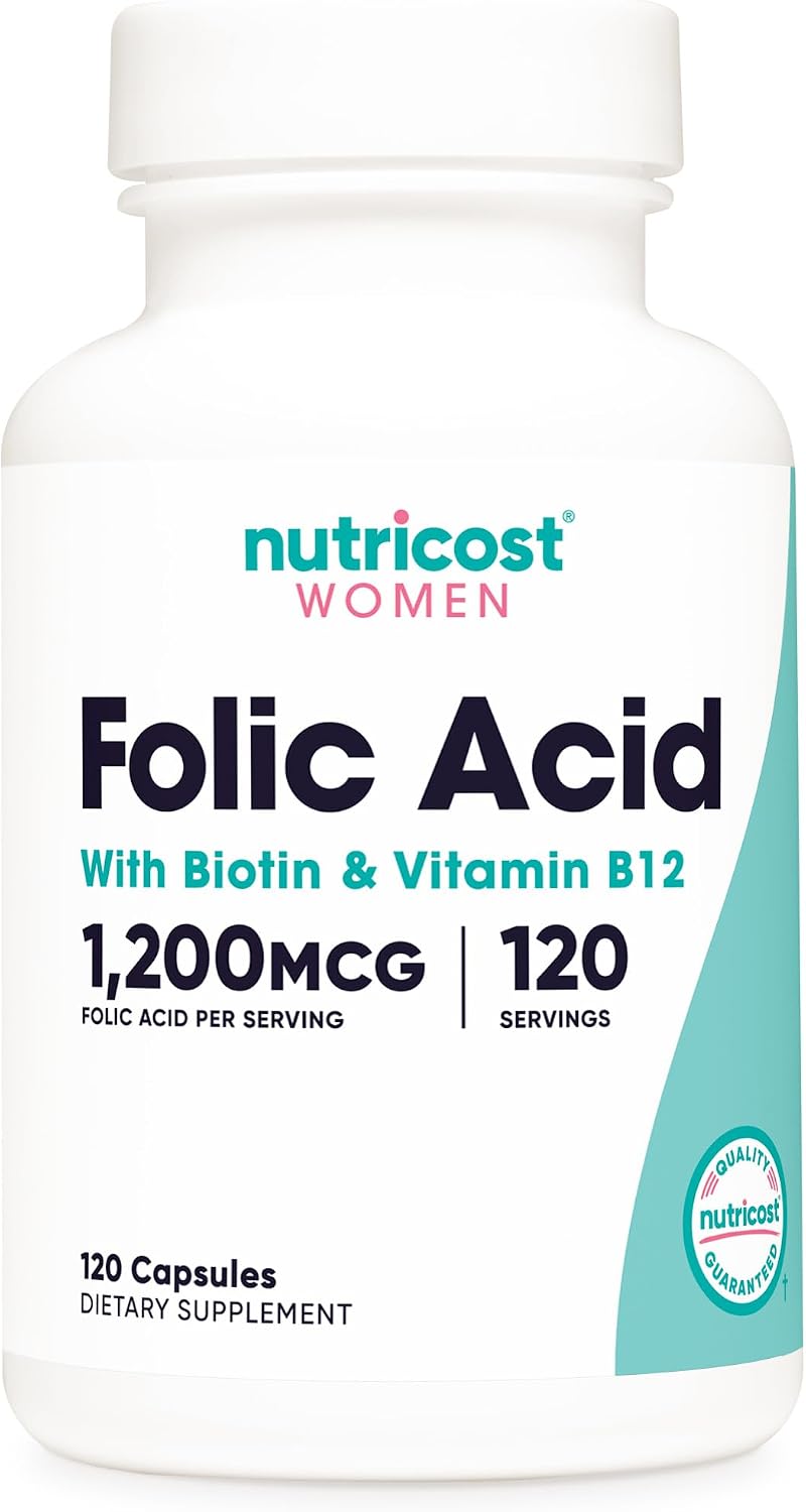 Nutricost Ácido Fólico para Mujeres 1200 mcg con B12 y Biotina, 120 Cápsulas