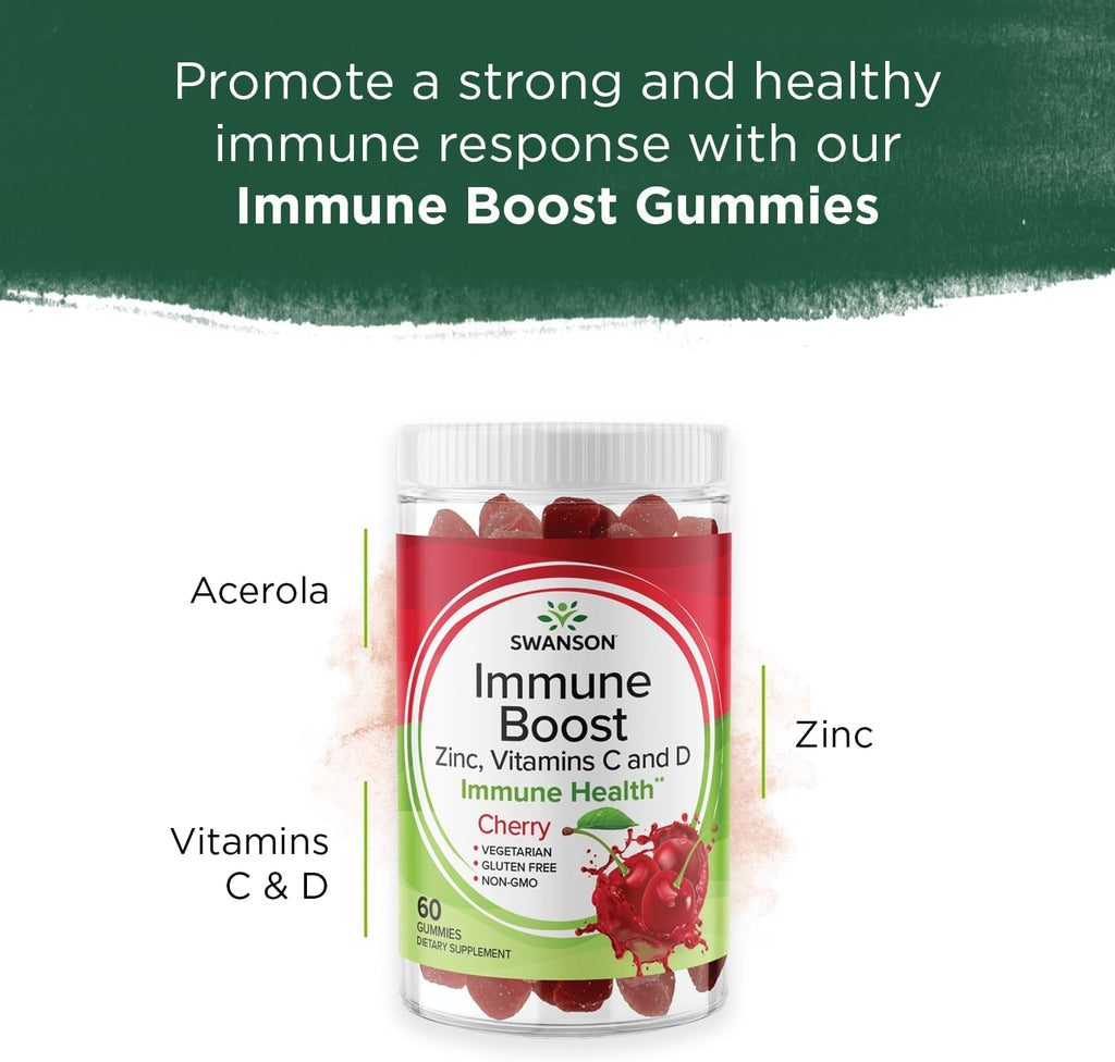 Swanson Immune Boost Gominolas con Acerola, Zinc, Vitamina C y D - 60 Gominolas Sabor Cereza