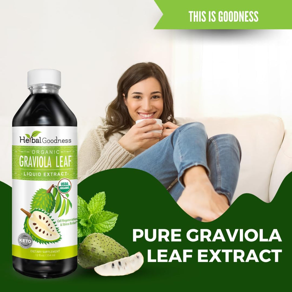 Herbal Goodness Gotas Líquidas de Guanábana Graviola 355 ml - Extracto Orgánico de Hojas de Guanábana 15x para Apoyo Digestivo, Celular e Inmune - Vegano, Sin OGM, Hecho en EE.UU.