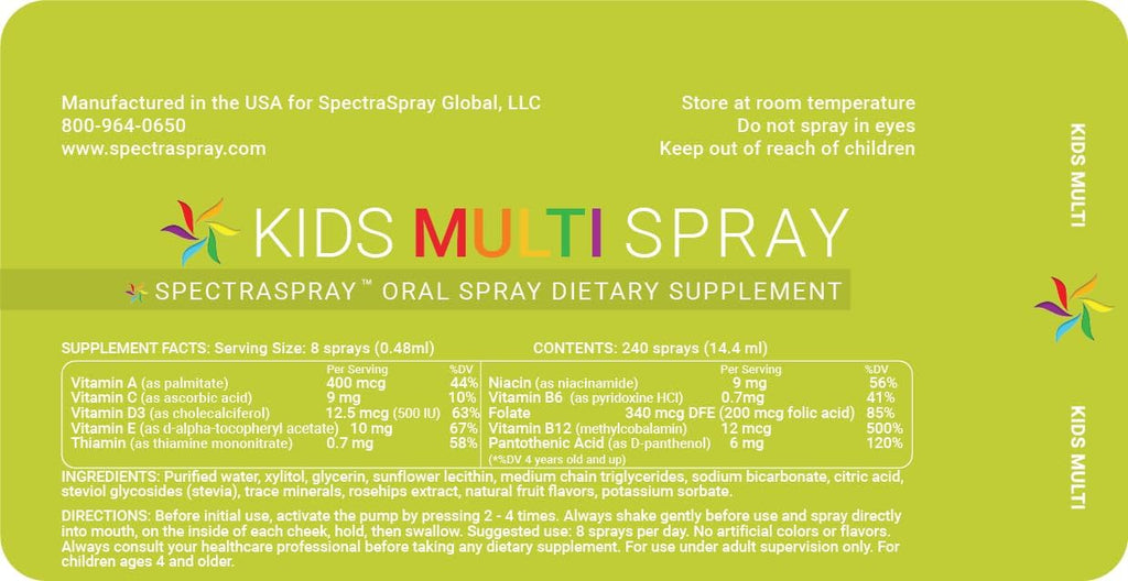 Spectraspray Kids Multivitamin Oral Spray – 10 Vitaminas Líquidas Esenciales con D3 y B12 Activa, Sabor Fruta, 30 Días