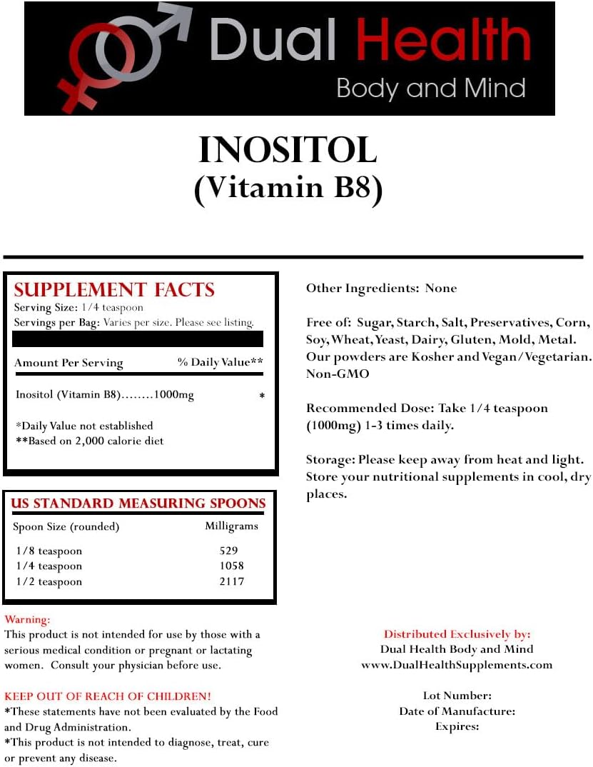 Dual Health Body & Mind Inositol en Polvo Puro (227 g) Vitamina B8 - 1000 mg por Dosis