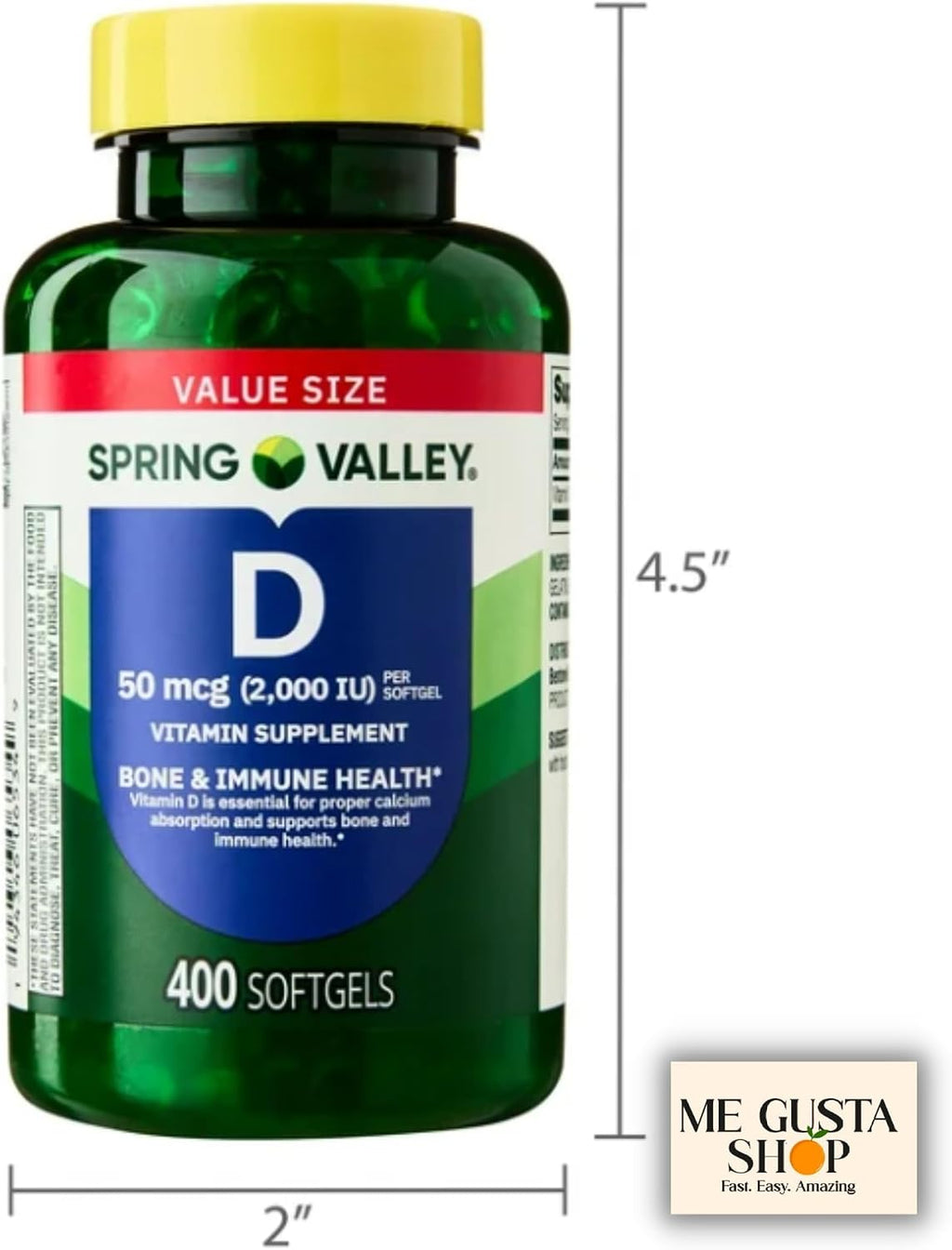 Spring Valley Vitamina D Suplemento Softgels, 50 mcg (2000 UI), 400 Cápsulas