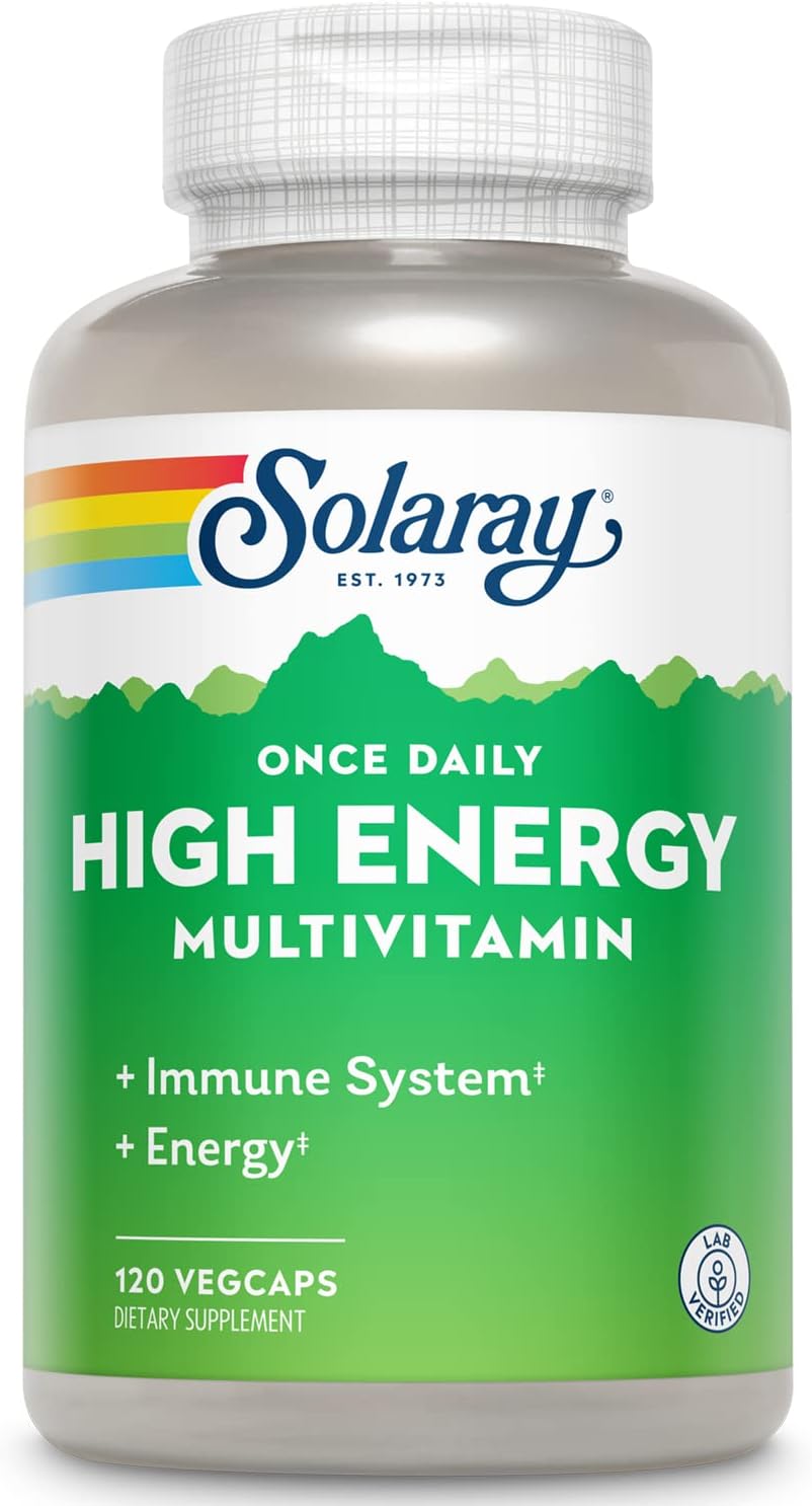 SOLARAY High Energy Multivitamin – Sin Hierro, 1 al Día, Liberación Prolongada, Base de Alimentos Integrales y Hierbas, 120 Cápsulas Veganas
