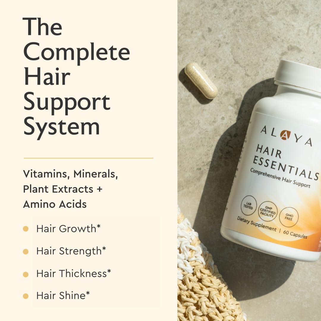Alaya Hair Essentials - Suplemento Capilar con Biotina, Queratina, Folato, Vitamina B12, B6 - Probado en Laboratorio - Sin Gluten - 30 Días