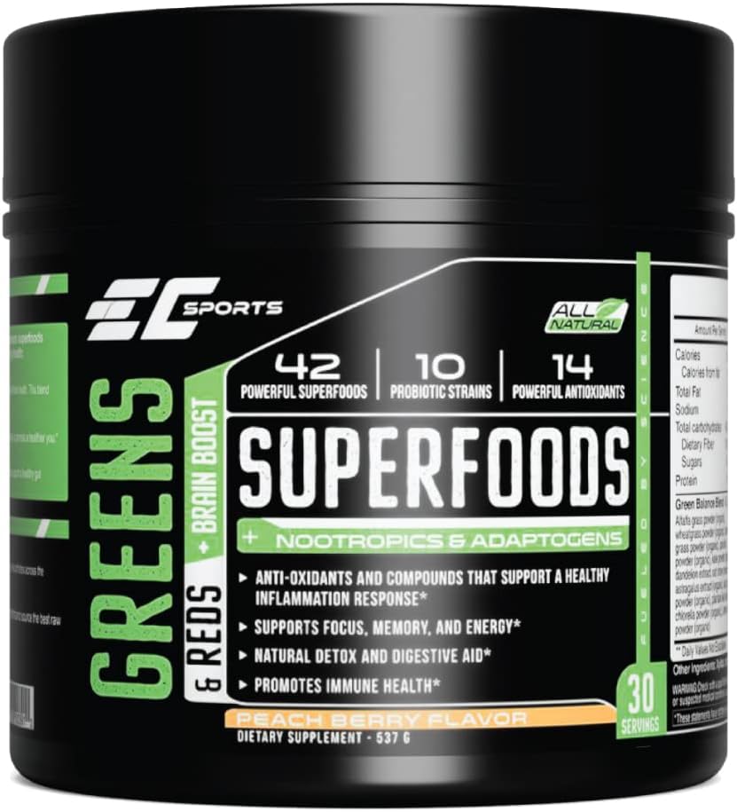 EC Sports Greens & Reds Blend Peach Berry - Polvo con Probióticos y Adaptógenos - 30 Servicios