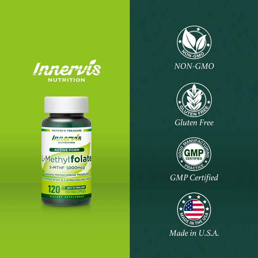 L-Methylfolate 1000mcg (120 Cápsulas) - Folato Activo 5-MTHF para el Corazón, Nervios y Homocisteína* por Innervis Nutrition