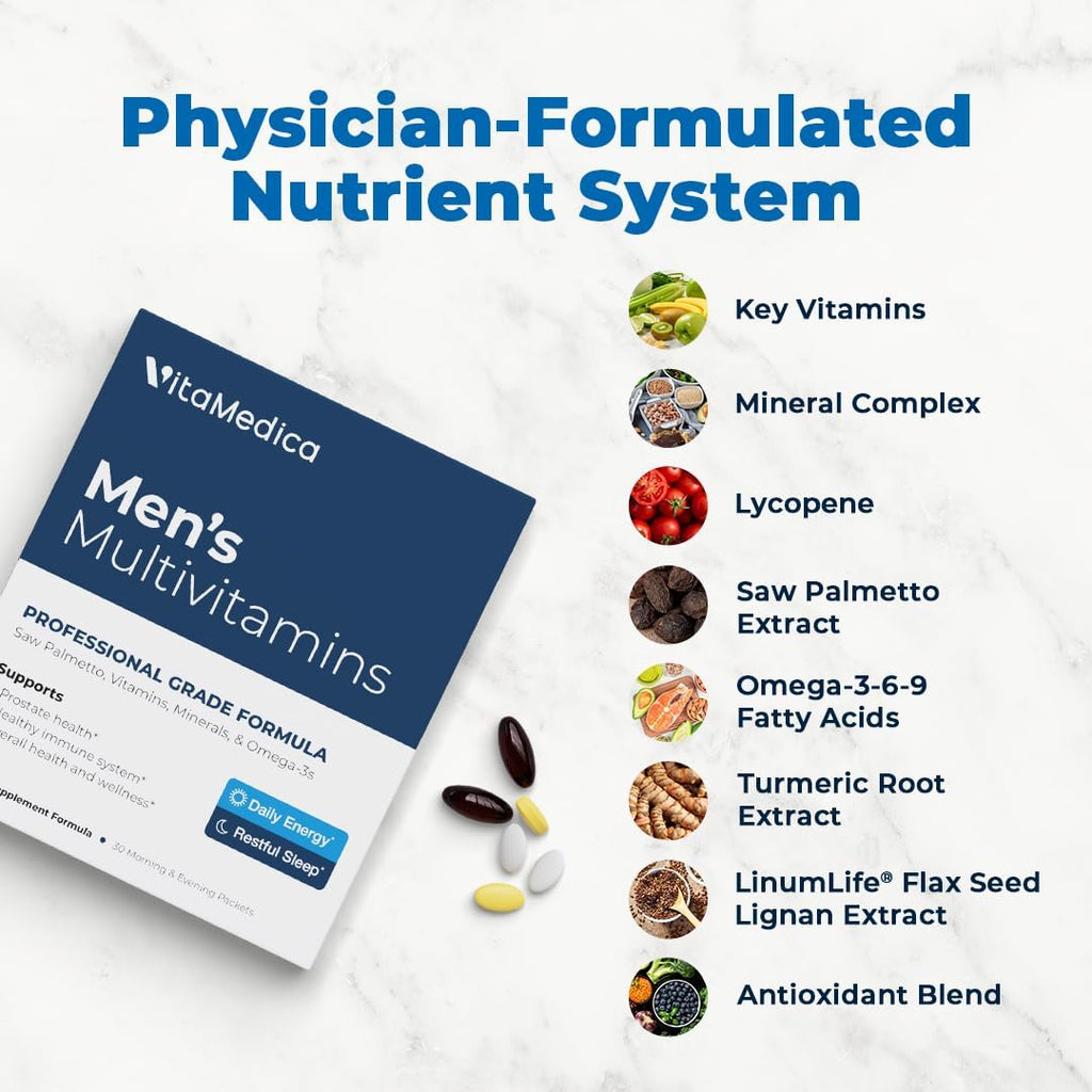 VitaMedica Multivitamínico para Hombres con Apoyo Prostático | Vitaminas, Minerales, Omega-3 y Saw Palmetto | Caja de 30 Sobres Diarios | Energía y Sueño Naturales