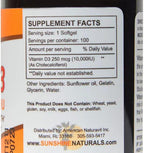Sunshine Naturals Vitamina D3 10000 UI (250 mcg) - 200 Cápsulas Blandas (2 Envases de 100)