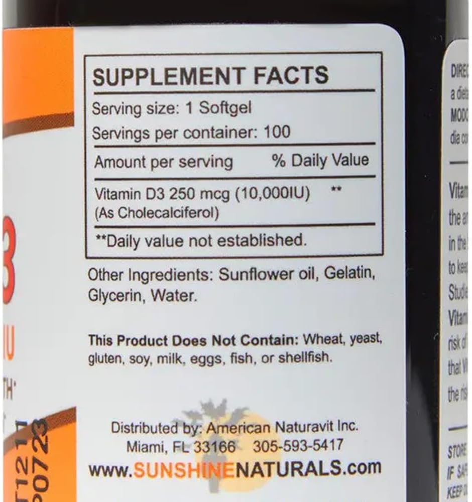 Sunshine Naturals Vitamina D3, 250 mcg (10.000 UI) por dosis, 100 cápsulas blandas, pack de 3