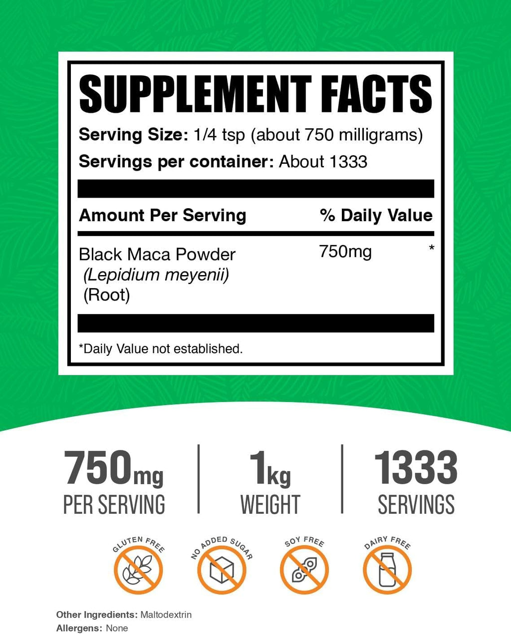 Polvo de Maca Negra - Suplemento de Raíz de Maca Negra, Vegano, Sin Gluten, 750mg por Ración, 1 kg
