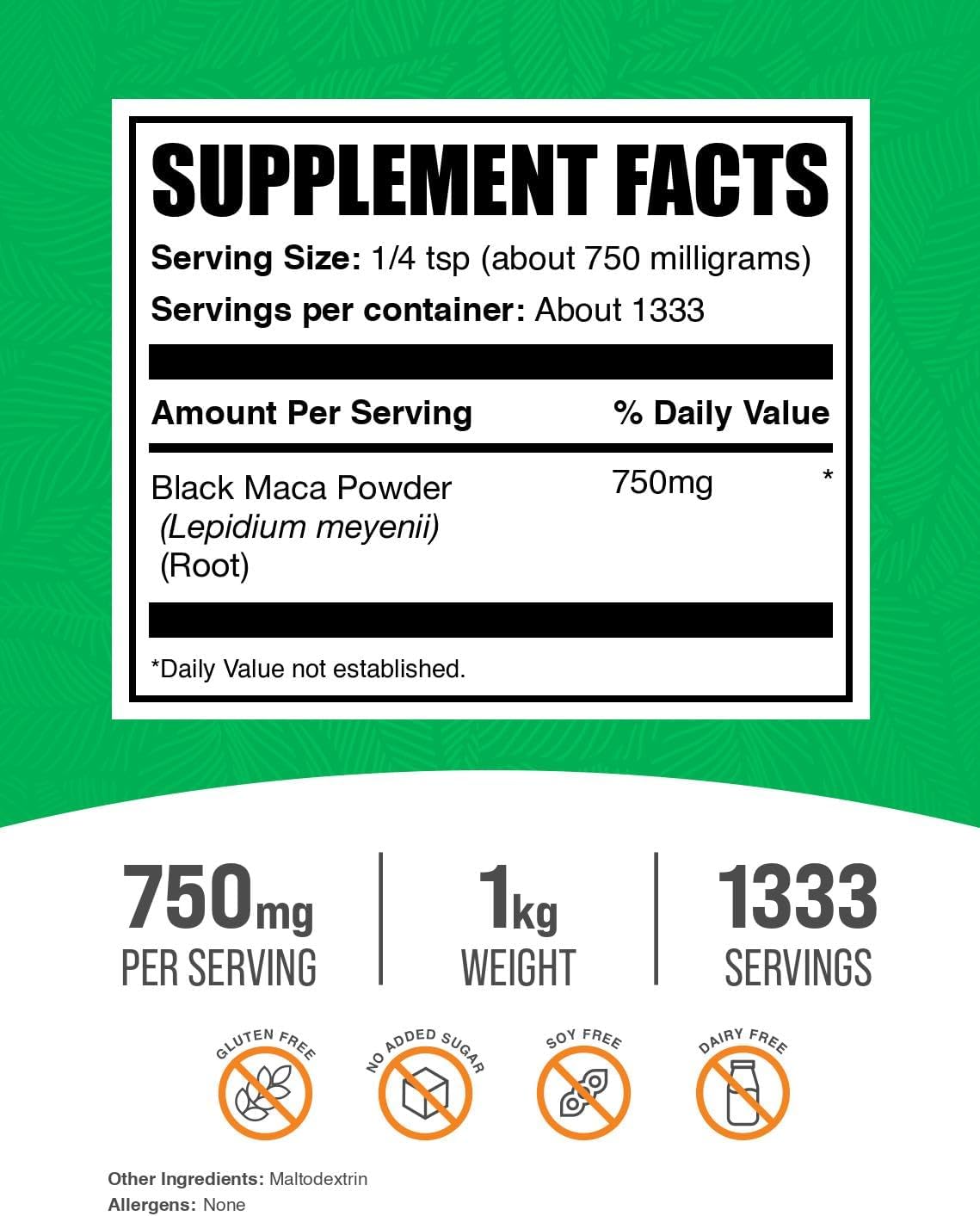 Polvo de Maca Negra - Suplemento de Raíz de Maca Negra, Vegano, Sin Gluten, 750mg por Ración, 1 kg