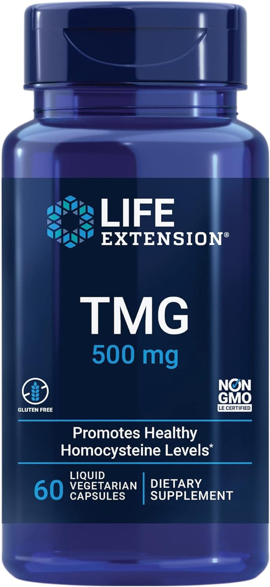 Life Extension TMG, Trimethylglycine, Promotes healthy homocysteine levels, Gluten-free, Vegetarian, 60 Capsules