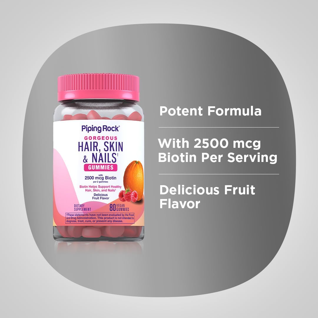 Piping Rock Vitaminas para Cabello, Piel y Uñas - 80 Gominolas - 2500 μg de Biotina - Multivitamínico con Vitamina C y E - Sabor Fruta - Vegano, Sin OGM, Sin Gluten