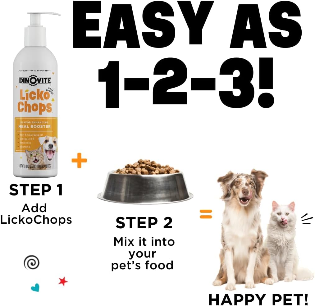 Dinovite Lickochops Suplemento para Perros y Gatos con Ácidos Grasos Omega-3 y 6, Probióticos y Vitamina E, 473 ml con Dosificador