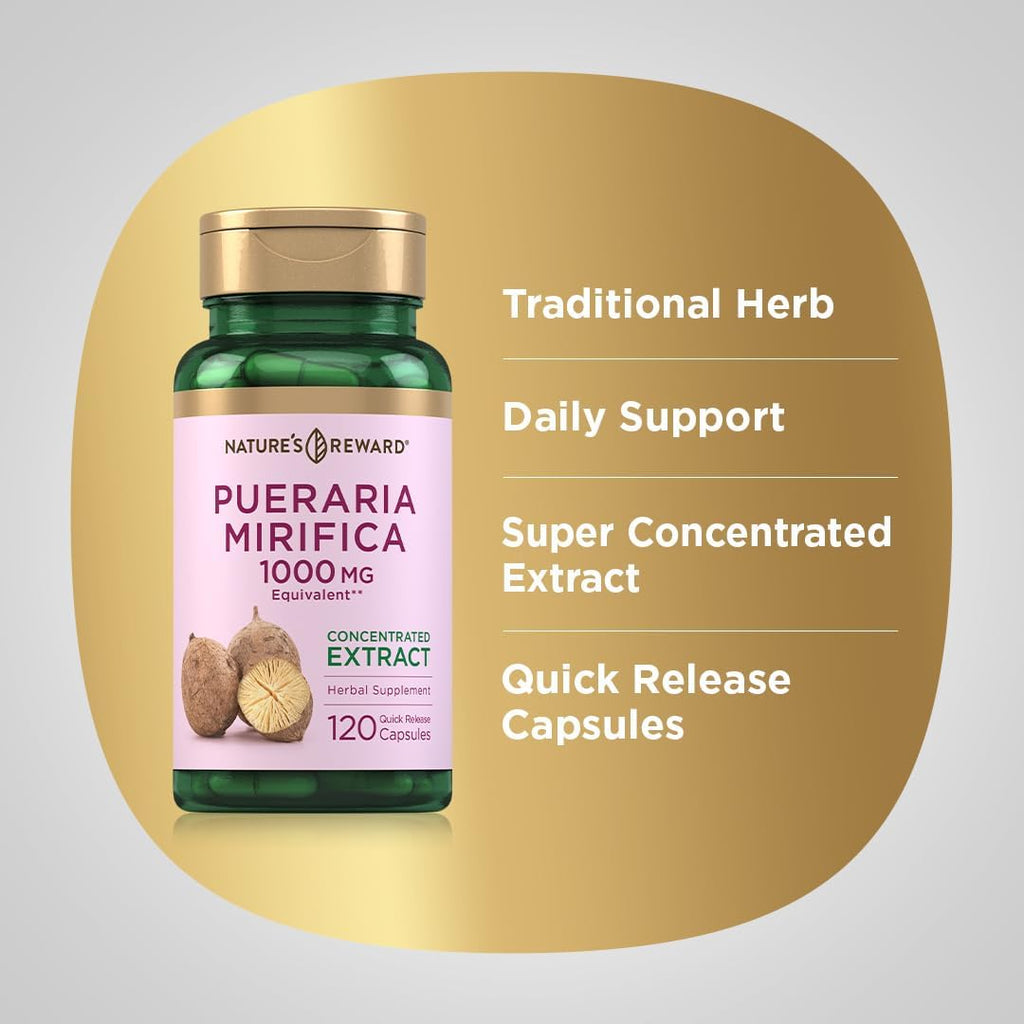 Pueraria Mirifica Cápsulas | Extracto de Raíz | 120 Cápsulas | No-GMO, Sin Gluten | Nature's Reward