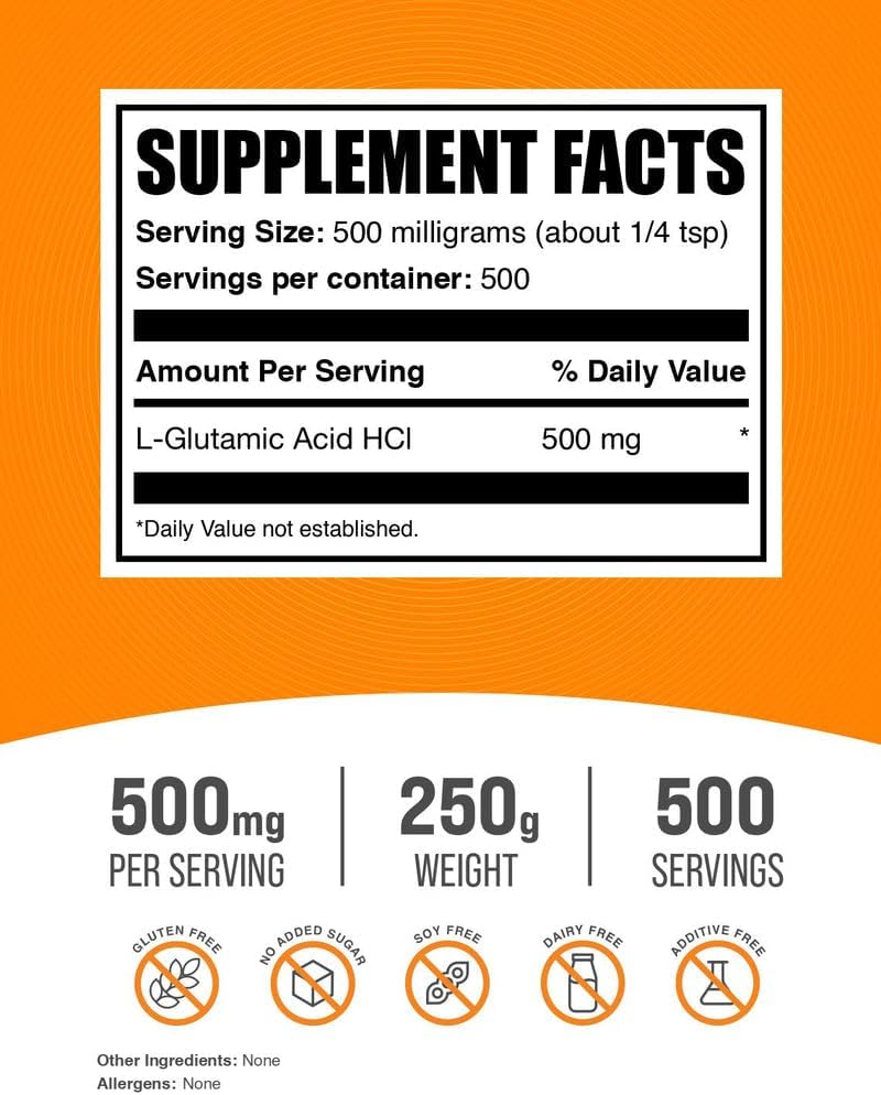 BulkSupplements L-Ácido Glutámico HCl en Polvo, 250g