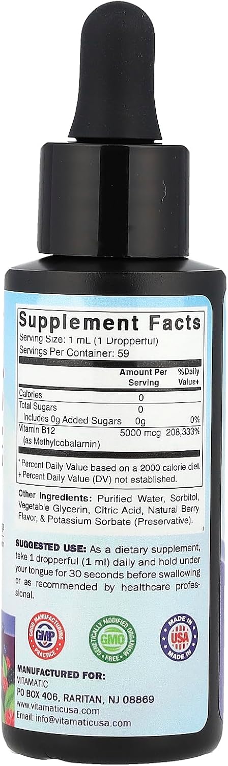 Vitamatic Vitamina B12 Líquida 5000 mcg Metilcobalamina, Sabor a Bayas, Fórmula Sublingual, 59 ml