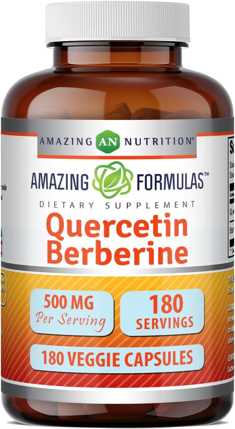 Amazing Formulas Quercetina y Berberina | 250 mg Berberina + 250 mg Quercetina | Cápsulas Vegetales | Sin OGM | Sin Gluten | 90 Cápsulas (Pack de 3)