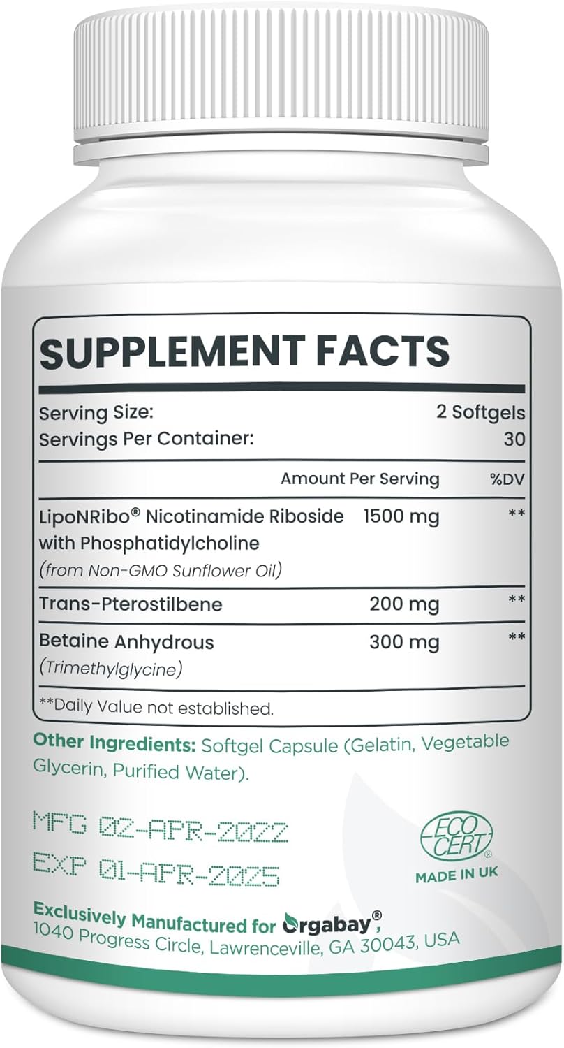 Orgabay Liposomal Nicotinamide Riboside 2000 mg con TMG y Pterostilbeno, 60 Cápsulas Blandas