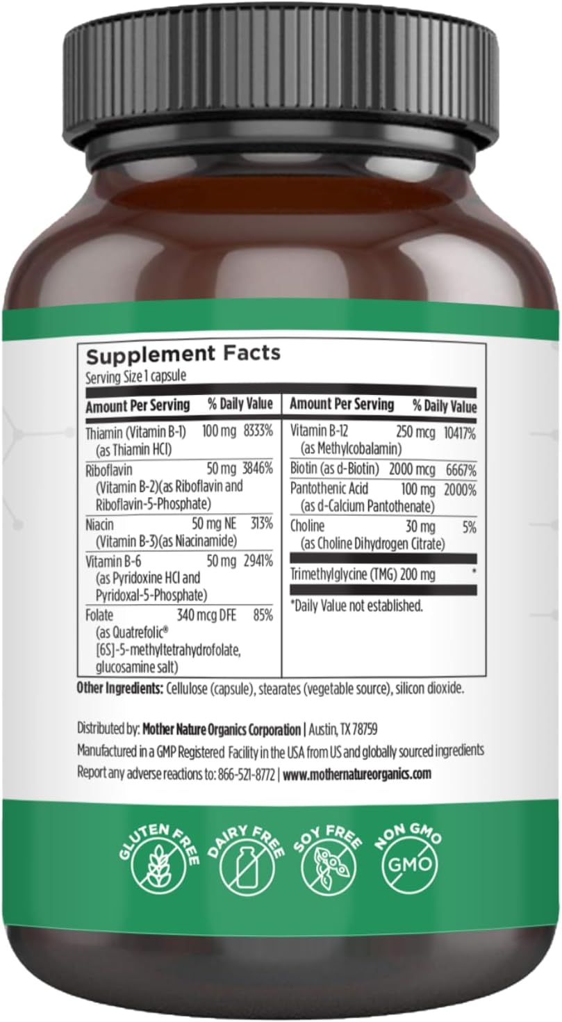 Mother Nature Organics Complejo B Metilado – Vitaminas B Bioactivas con Metil B12, Folato y Biotina – 120 Cápsulas, No-GMO, Sin Gluten