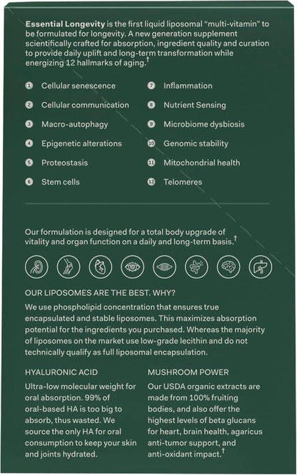 Essential Longevity® — 100% Liposomal 15-in-One Stack. NAD+ Precursor Nicotinamida, Quercetina, C, D3, B12, Magnesio Glicinato, Melena de León, Chaga, Agaricus, Taurina, Hialuronato Sódico. 30 Sobres.