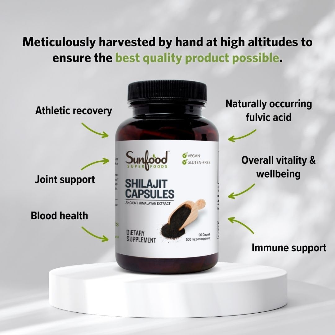Sunfood Superfoods Natural Shilajit Capsules - Himalayan Extract with Fulvic Acid, 90 Capsules