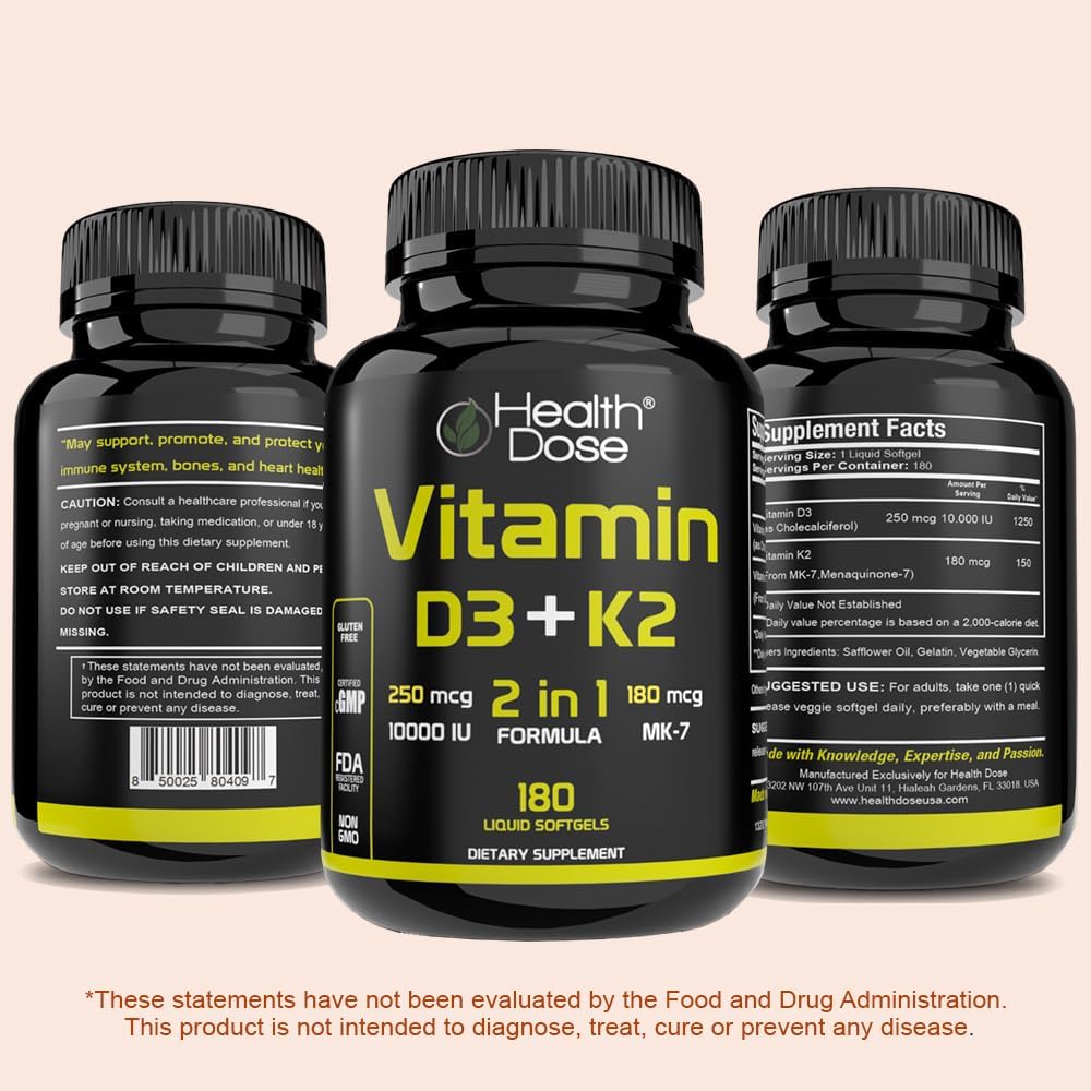 Health Dose Vitamina D3 10.000 UI + K2 (MK7) Suplemento, 180 cápsulas blandas