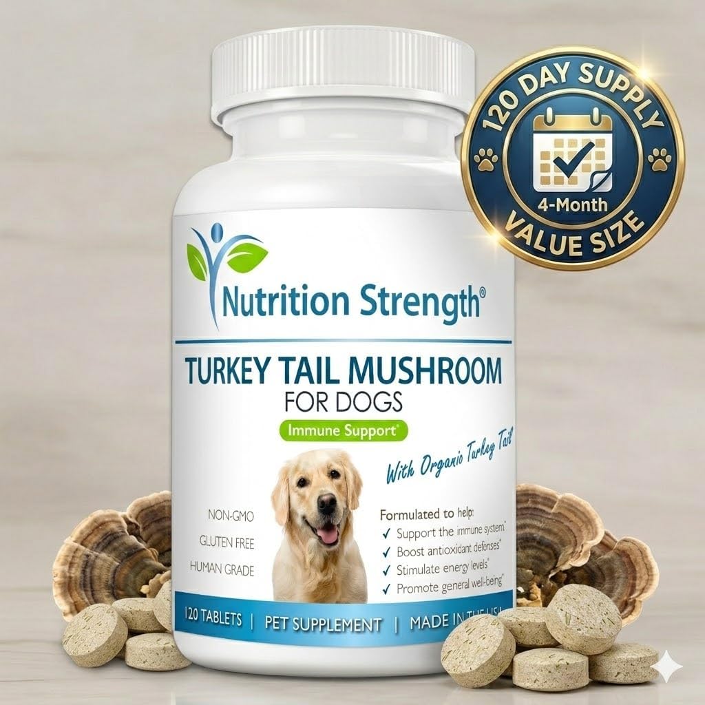Nutrition Strength Cola de Pavo Orgánica para Perros - 500mg de Alta Potencia - Apoyo Inmunológico - Salud Celular - 120 Comprimidos Masticables