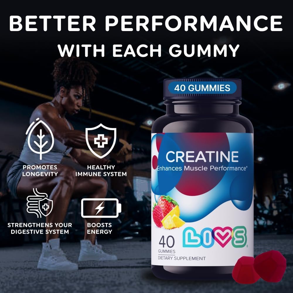 LIVS Creatine Monohydrate Gummies 5g - Suplemento Pre-Entreno para Hombres y Mujeres - Crecimiento Muscular, Fuerza y Recuperación - Vegano, Halal, Kosher, Non-GMO - Sabor Tropical Fruit Punch - 40 Gomitas