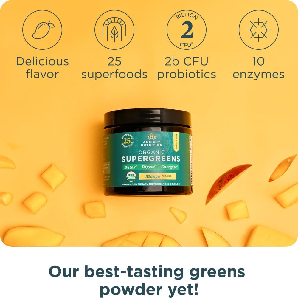 Ancient Nutrition SuperGreens Powder con Probióticos, Sabor Mango Orgánico, 12 servicios, 93 g