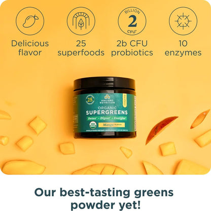 Ancient Nutrition SuperGreens Powder with Probiotics, Organic Mango Flavor Greens, Made from Real Fruits, Vegetables and Herbs, Digestive and Energy Support, 12 Servings, 93g