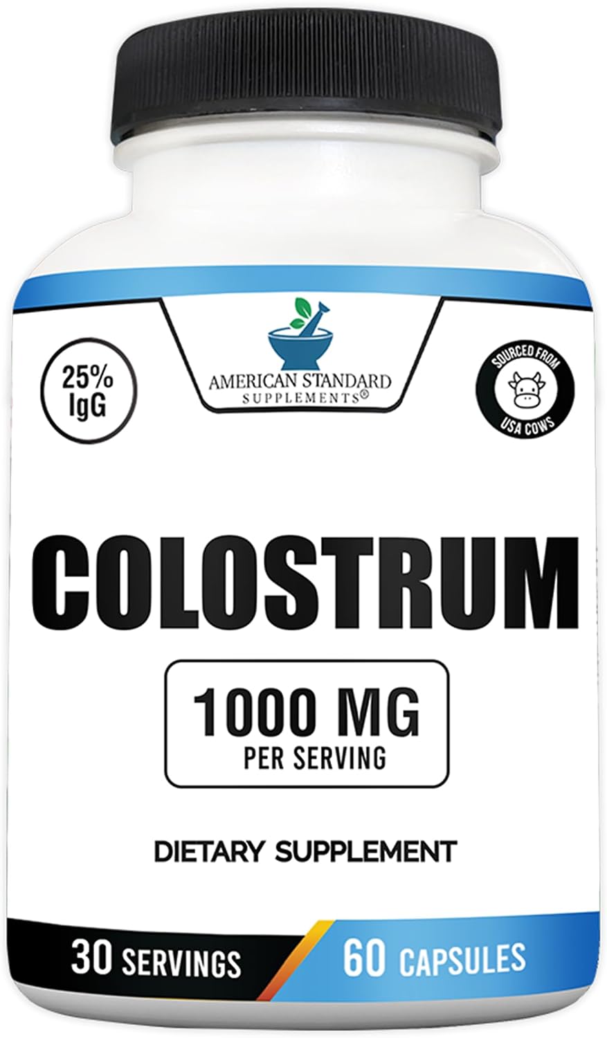 American Standard Supplements Calostro Bovino en Cápsulas - 1000mg por Dosis, 60 Cápsulas, Estandarizado al 25% de Inmunoglobulinas (IgG)