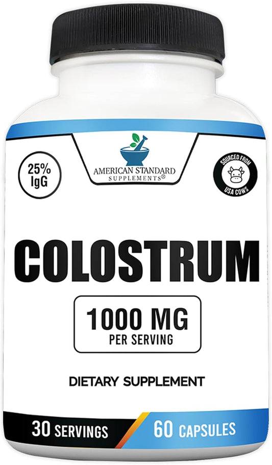 American Standard Supplements Calostro Bovino en Cápsulas - 1000mg por Dosis, 60 Cápsulas, Estandarizado al 25% de Inmunoglobulinas (IgG)