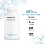 Supersmart - Suplemento de Niacinamida (Nicotinamida) 500mg - Vitamina B3 Sin Enrojecimiento - No GMO y Sin Gluten - 180 Cápsulas Vegetales